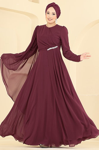 moda selvim Evening Dress 4016ARL1089 Burgundy - Thumbnail