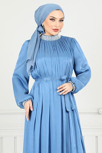moda selvim فستان سهرة أزرق 4023YGS898-M - Thumbnail