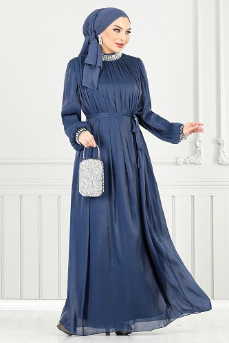 moda selvim Evening Dress 4023YGS898-M Navy Blue - Thumbnail