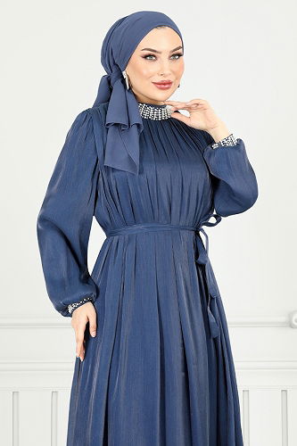 moda selvim Evening Dress 4023YGS898-M Navy Blue - Thumbnail