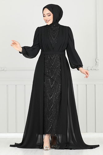 moda selvim فستان سهرة أسود 4026YGS898-M - Thumbnail