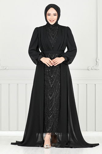 moda selvim فستان سهرة أسود 4026YGS898-M - Thumbnail