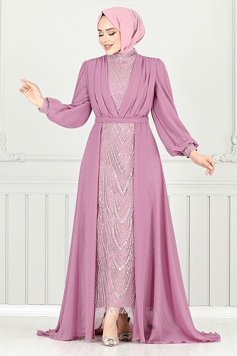 moda selvim فستان سهرة وردي غامق 4026YGS898-M - Thumbnail