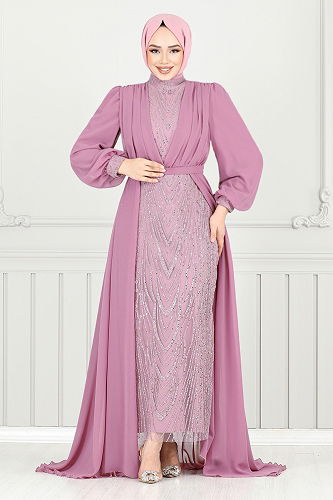 moda selvim فستان سهرة وردي غامق 4026YGS898-M - Thumbnail