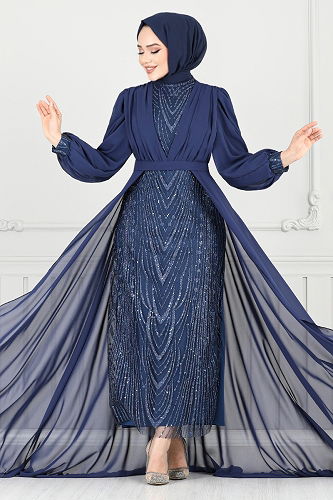 moda selvim Evening Dress 4026YGS898-M Navy Blue - Thumbnail
