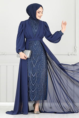 moda selvim Evening Dress 4026YGS898-M Navy Blue - Thumbnail