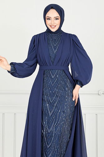 moda selvim فستان سهرة كحلي 4026YGS898-M - Thumbnail