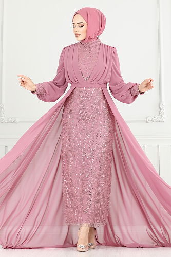 moda selvim فستان سهرة بيج وردي 4026YGS898-M - Thumbnail