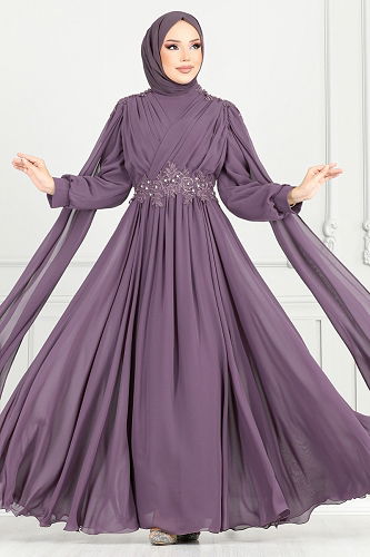 moda selvim فستان سهرة ليلكي غامق 4027YGS898-M - Thumbnail