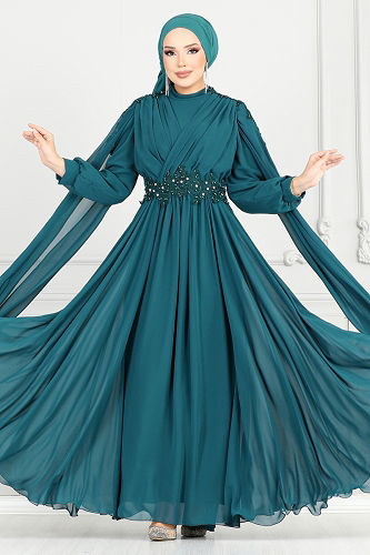 moda selvim فستان سهرة بترولي 4027YGS898-M - Thumbnail