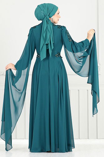 moda selvim فستان سهرة بترولي 4027YGS898-M - Thumbnail