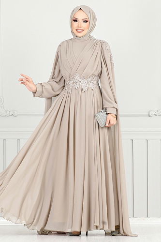 moda selvim فستان سهرة بيج وردي 4027YGS898-M - Thumbnail