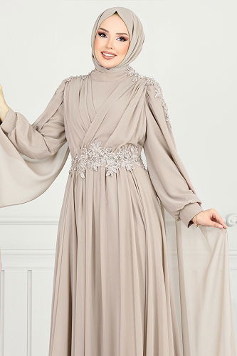 moda selvim فستان سهرة بيج وردي 4027YGS898-M - Thumbnail