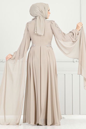 moda selvim فستان سهرة بيج وردي 4027YGS898-M - Thumbnail