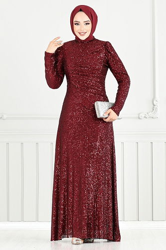moda selvim Evening Dress 4028YGS898-M Burgundy - Thumbnail