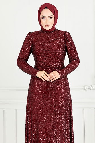 moda selvim فستان سهرة خمري 4028YGS898-M - Thumbnail