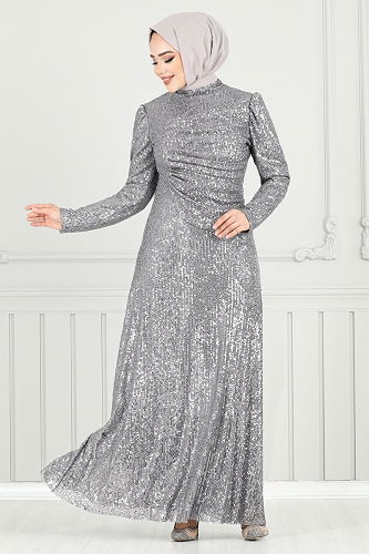 moda selvim فستان سهرة رمادي 4028YGS898-M - Thumbnail