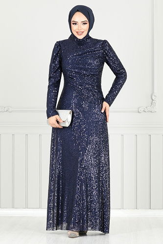 moda selvim Evening Dress 4028YGS898-M Navy Blue - Thumbnail
