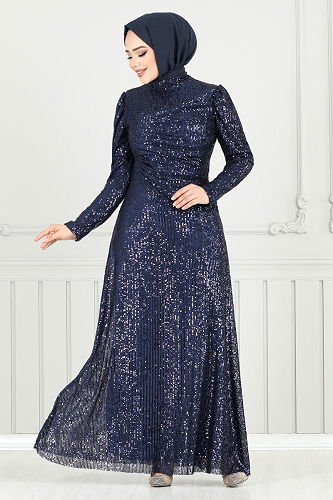 moda selvim Evening Dress 4028YGS898-M Navy Blue - Thumbnail