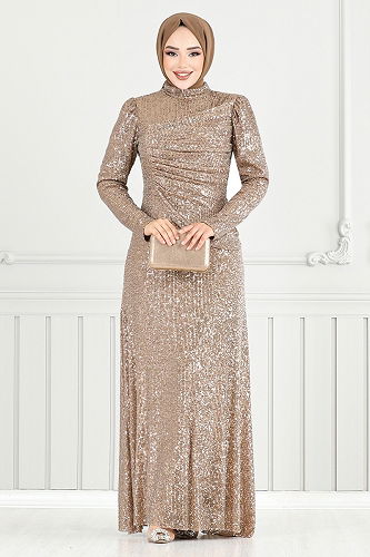 moda selvim فستان سهرة بيج وردي 4028YGS898-M - Thumbnail