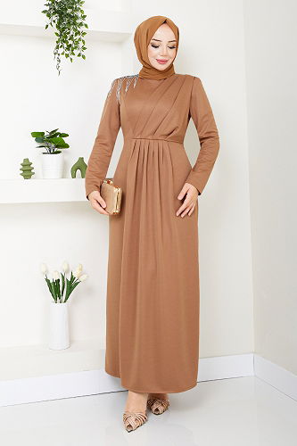 moda selvim فستان سهرة عسلي 4046KTR927-M - Thumbnail