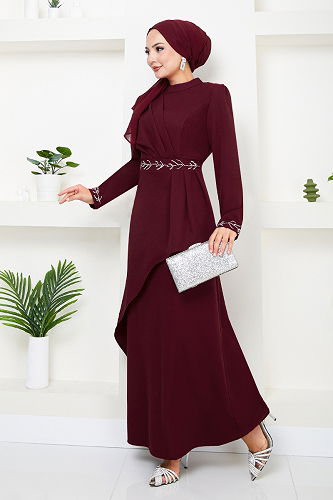moda selvim EVENING DRESS 4047KTR927-M Burgundy - Thumbnail
