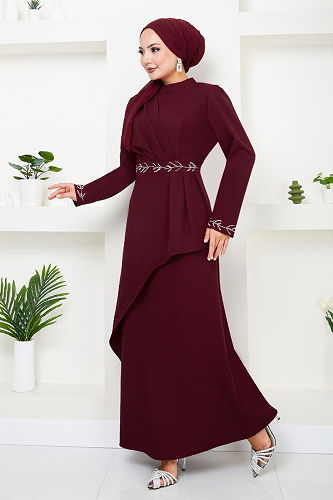 moda selvim EVENING DRESS 4047KTR927-M Burgundy - Thumbnail