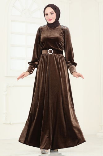 moda selvim Evening Dress 4266D170 Brown - Thumbnail