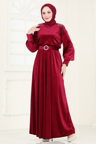 moda selvim Evening Dress 4266D170 Burgundy - Thumbnail