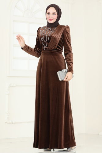 moda selvim Evening Dress 4272D170 Brown - Thumbnail