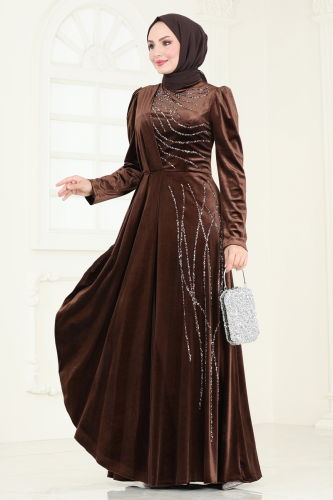 moda selvim Evening Dress 4322D170 Brown - Thumbnail