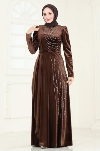 moda selvim Evening Dress 4322D170 Brown - Thumbnail