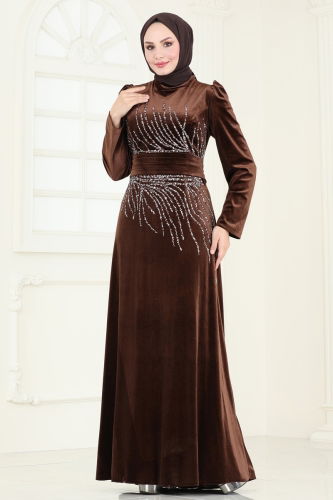 moda selvim Evening Dress 4345D170 Brown - Thumbnail