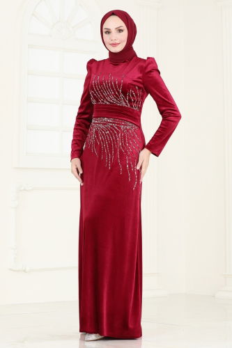 moda selvim Evening Dress 4345D170 Burgundy - Thumbnail