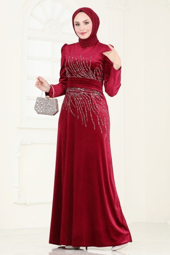 moda selvim Evening Dress 4345D170 Burgundy - Thumbnail