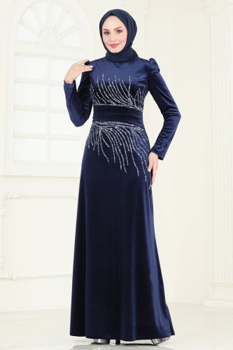 moda selvim Evening Dress 4345D170 Navy Blue - Thumbnail