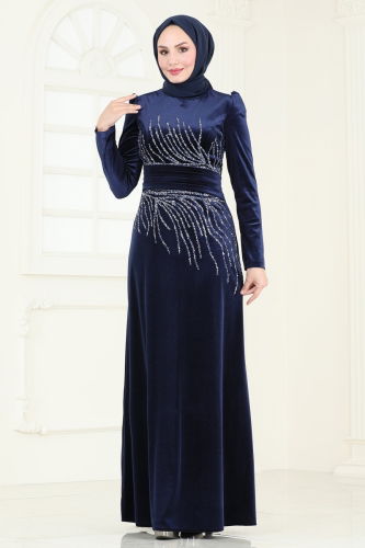 moda selvim Evening Dress 4345D170 Navy Blue - Thumbnail