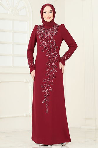 moda selvim فستان سهرة خمري 4407MDH809 - Thumbnail