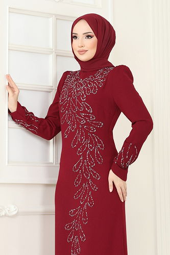 moda selvim فستان سهرة خمري 4407MDH809 - Thumbnail
