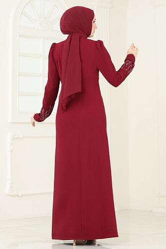 moda selvim فستان سهرة خمري 4407MDH809 - Thumbnail