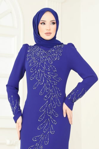 moda selvim فستان سهرة نيلي 4407MDH809 - Thumbnail