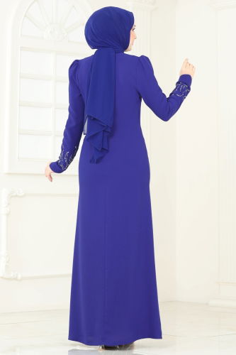 moda selvim فستان سهرة نيلي 4407MDH809 - Thumbnail