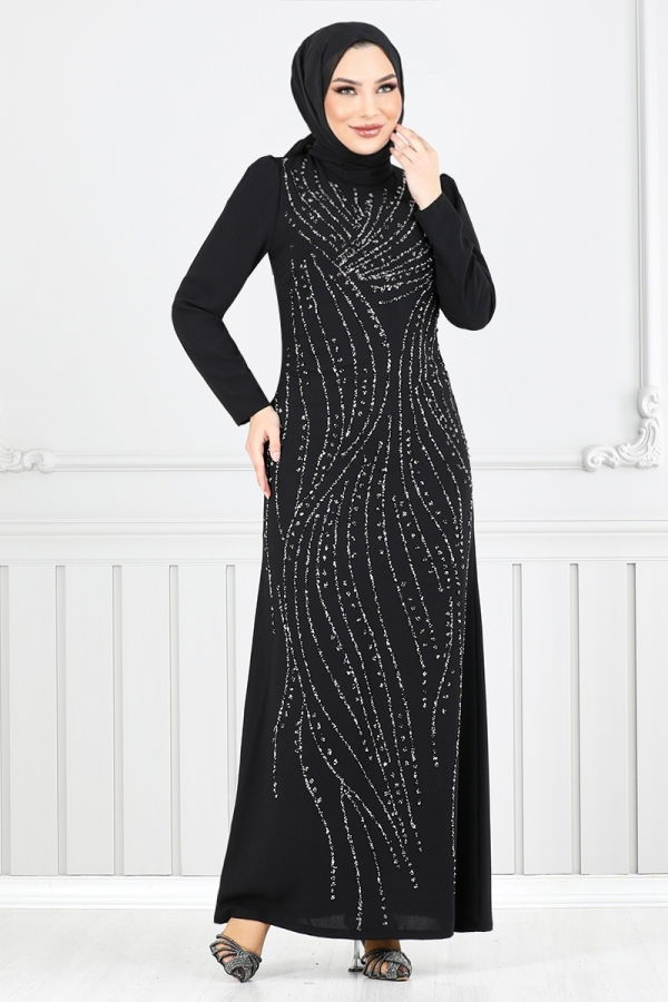 Modaselvim خصم صافٍ20%+20% في سلة التسوق فستان سهرة أسود 4408MDH1093-M