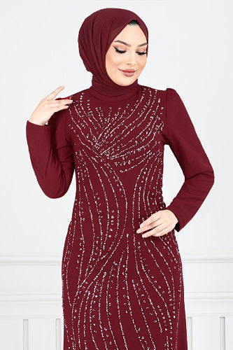 moda selvim فستان سهرة خمري 4408MDH1093-M - Thumbnail