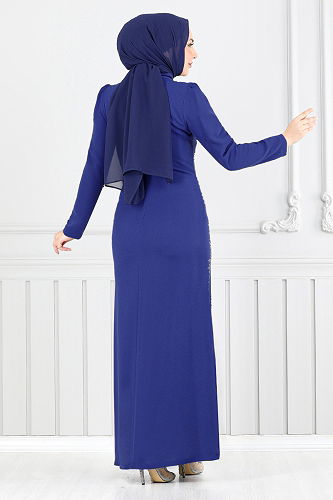 moda selvim فستان سهرة نيلي 4408MDH1093-M - Thumbnail