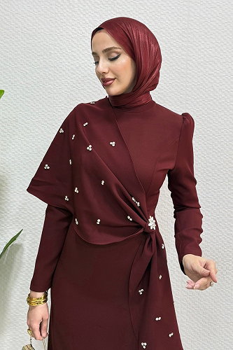 moda selvim Evening Dress 4444ALG474 Burgundy - Thumbnail