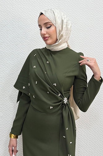 moda selvim Evening Dress 4444ALG474 Dark Khaki - Thumbnail