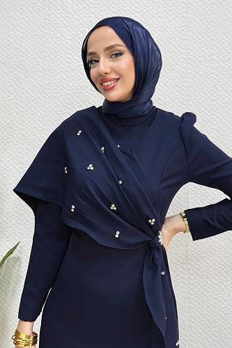 moda selvim Evening Dress 4444ALG474 Dark Navy Blue - Thumbnail