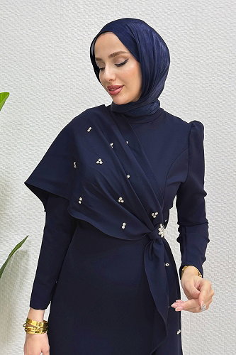 moda selvim فستان سهرة كحلي غامق 4444ALG474 - Thumbnail