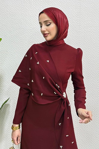 moda selvim فستان سهرة خمري 4444ALG474 - Thumbnail